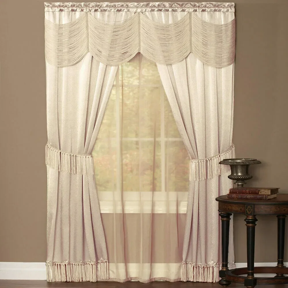 Halley Complete 6 Piece Satin Fringe Window Curtain Set 56 x 84  Ivory NEW